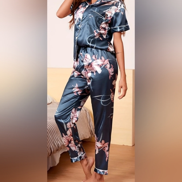 2/$50 NEW Fall Winter Navy Blue Butterly Pink Floral Satin Pajama Set-(#906) - Picture 2 of 3